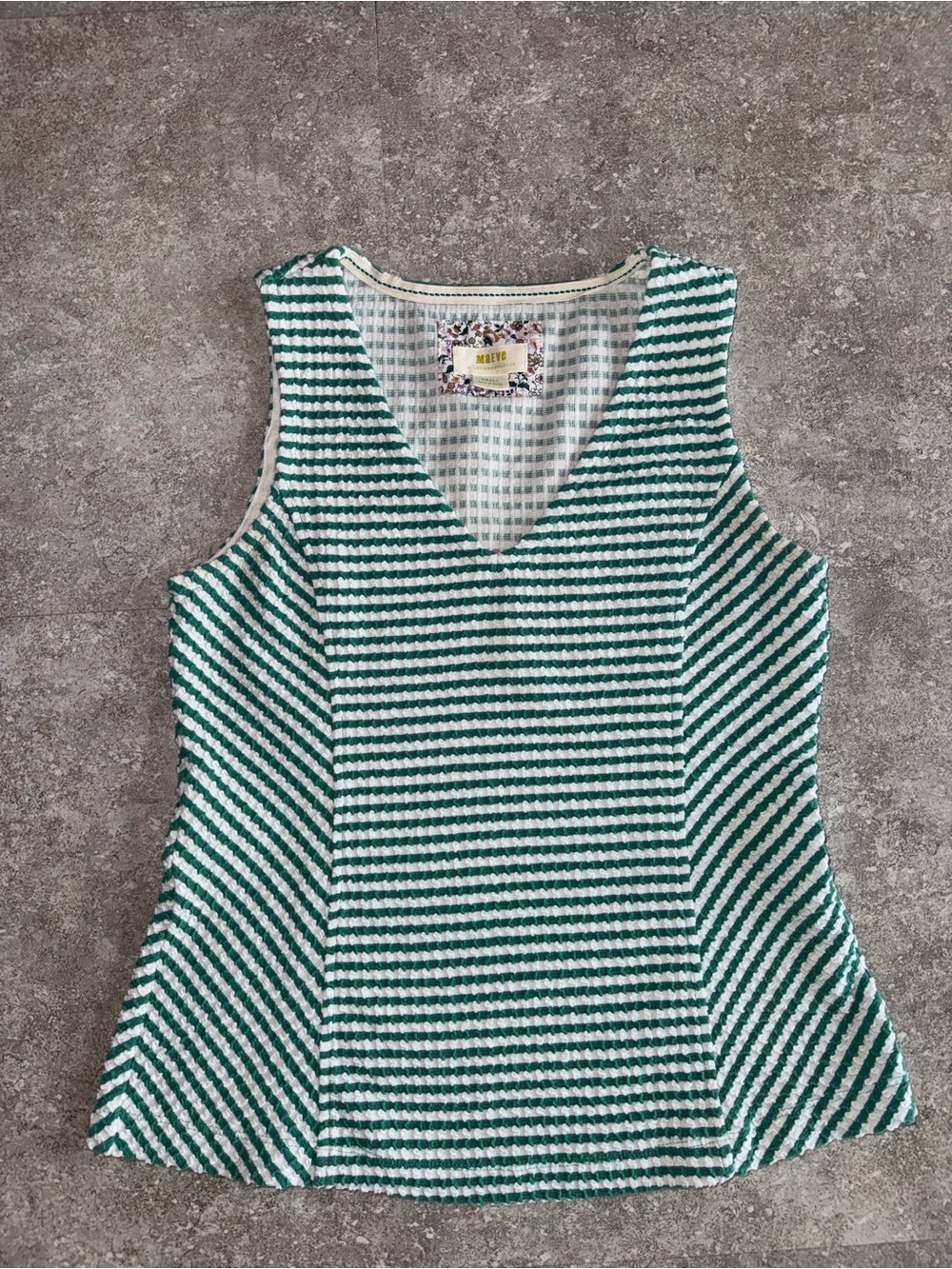 Maeve by Anthropologie Green/White Striped Textured Knit V-Neck Tank Top S